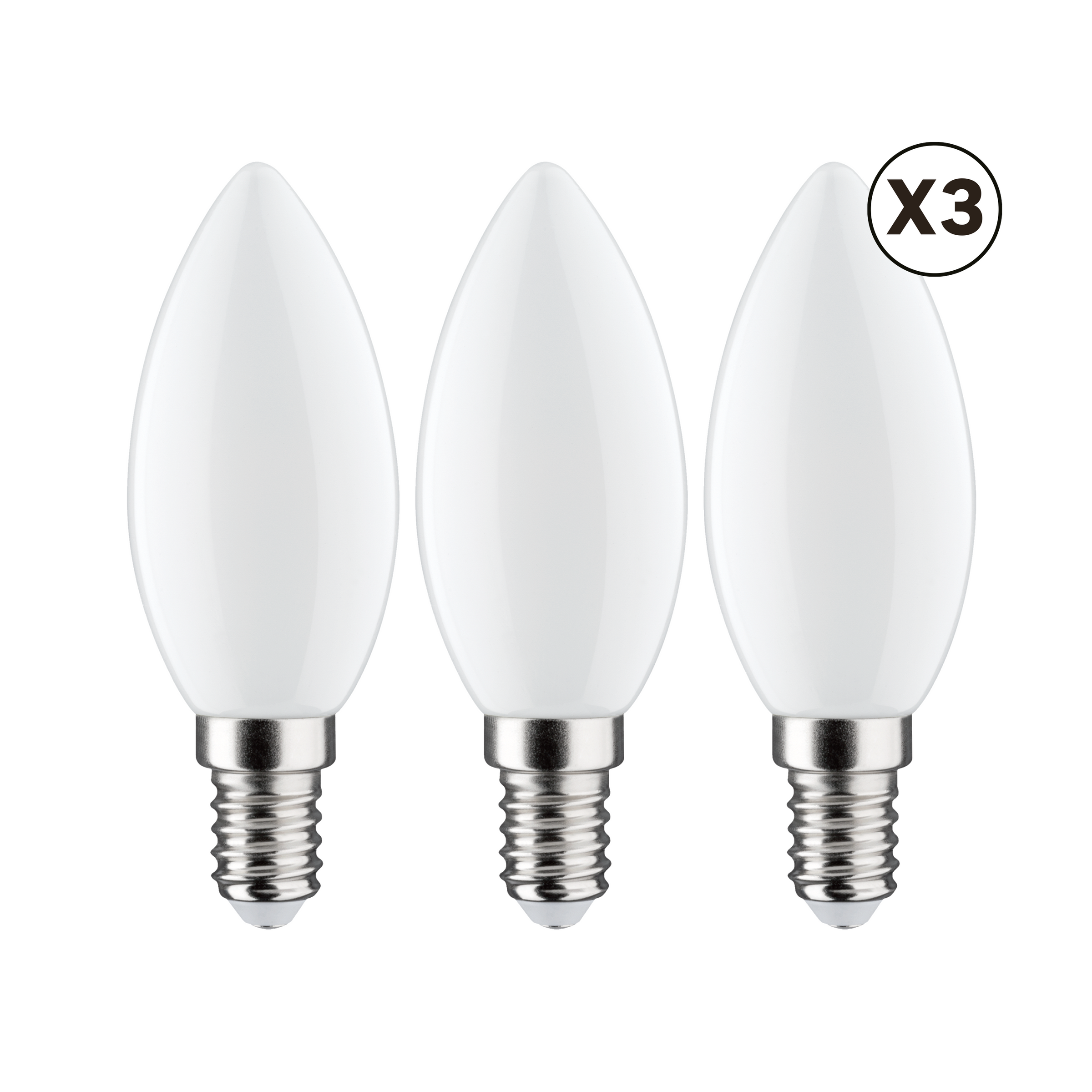 3 E14 LED bulbs = 60W, frosted candle-shaped, warm light