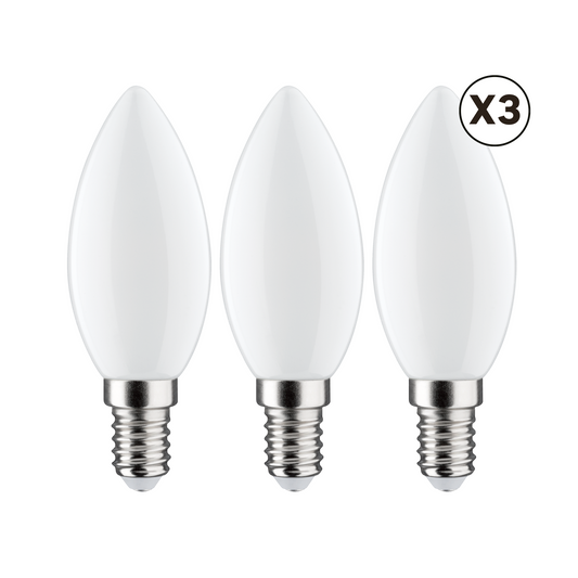 3 E14 LED bulbs = 60W, frosted candle-shaped, warm light