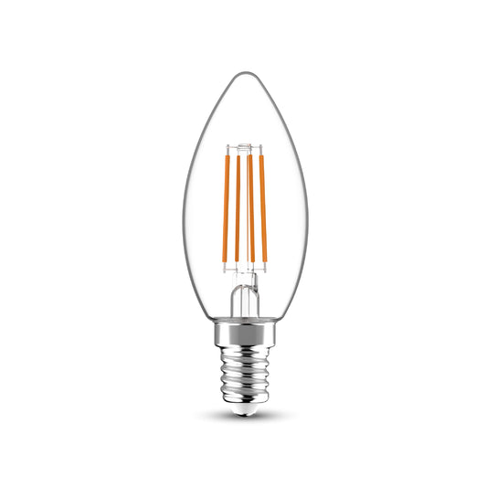 E14 LED bulb = 40W, clear candle shape, natural light