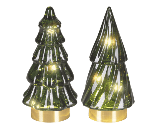 Green glass tree with warm white micro LEDs, height 12.8 cm
