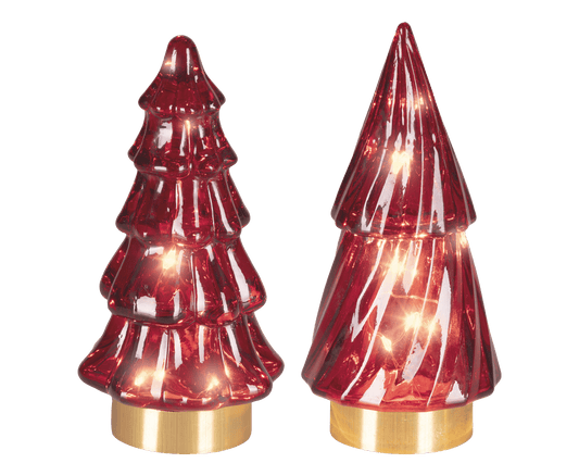 Red glass tree with warm white micro LEDs, height 12.8 cm