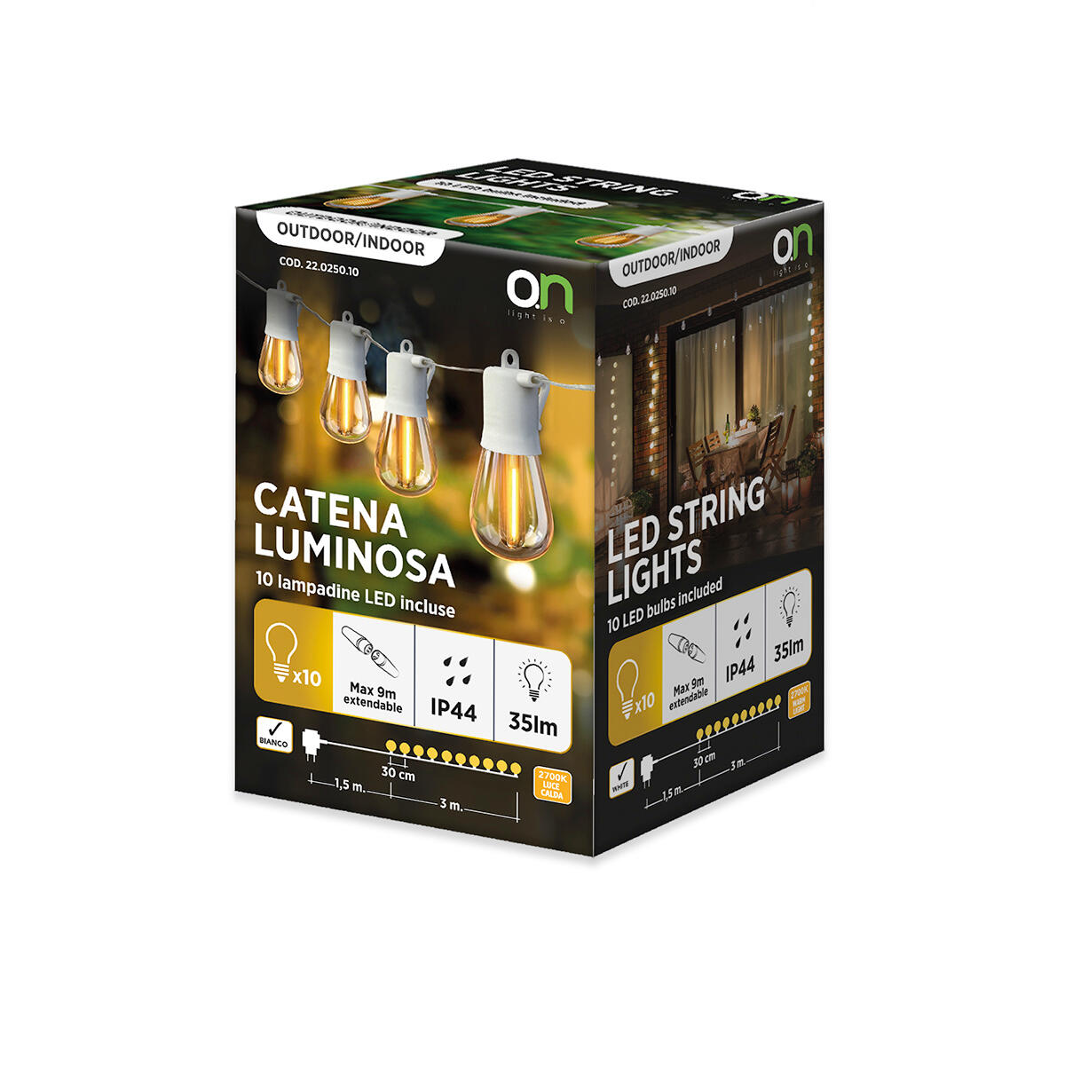 Ghirlanda luminosa plastica bianco 4,5mt led 10 lampadne e27 luce calda ip44