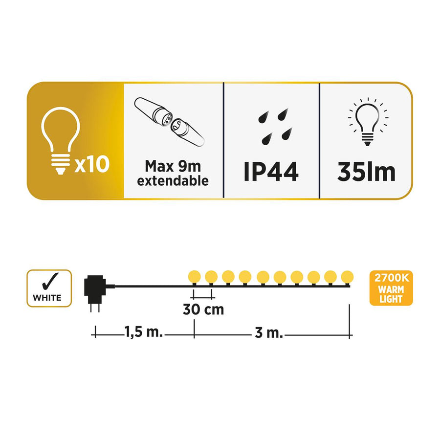 White plastic light garland, 4.5 m, 10 LED bulbs (E27), warm light, IP44