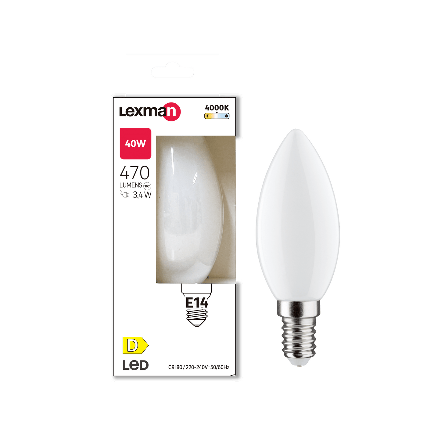 E14 LED bulb = 40W, frosted candle shape, natural light