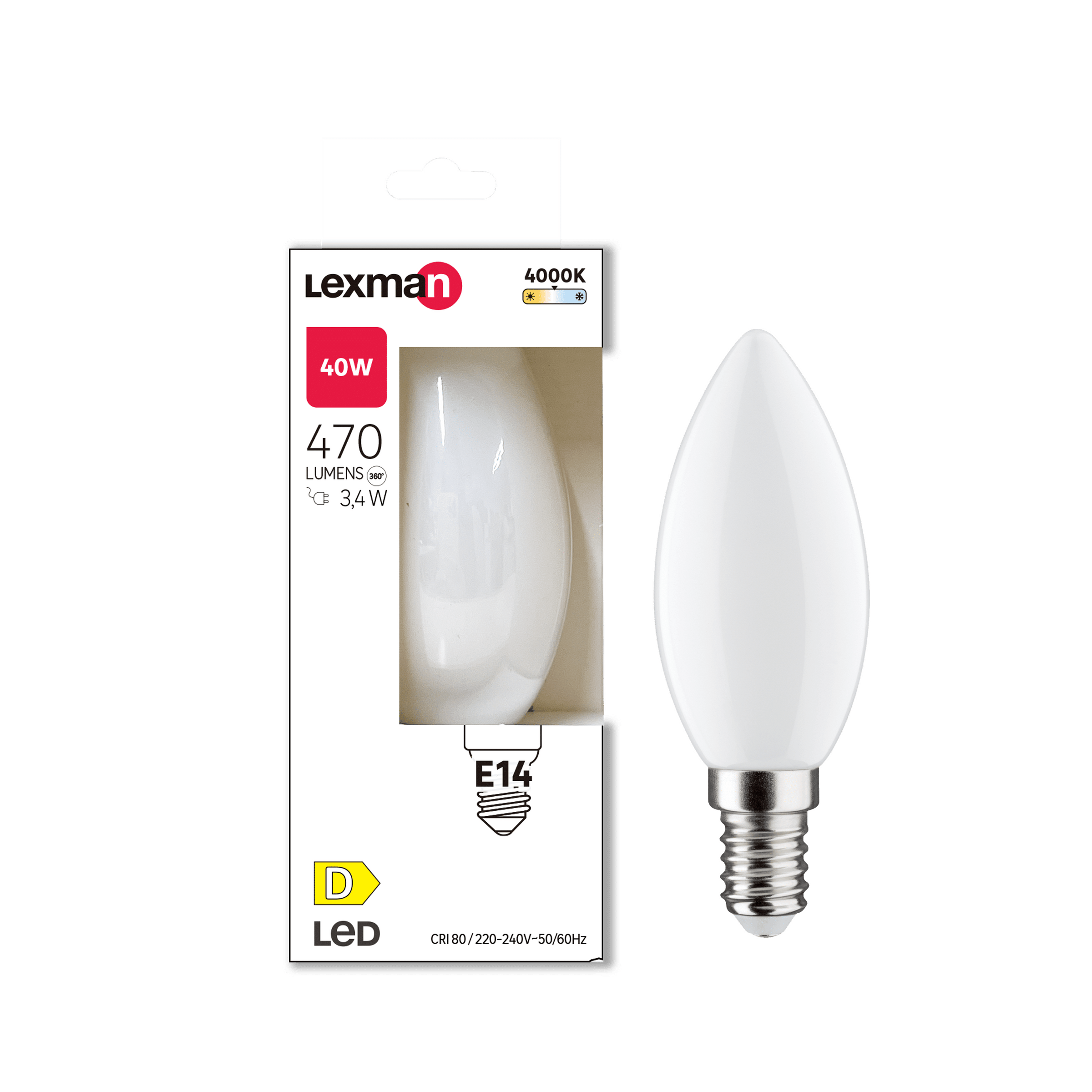 E14 LED bulb = 40W, frosted candle shape, natural light