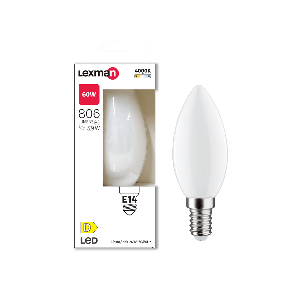 E14 LED bulb (60W equivalent), frosted, natural light