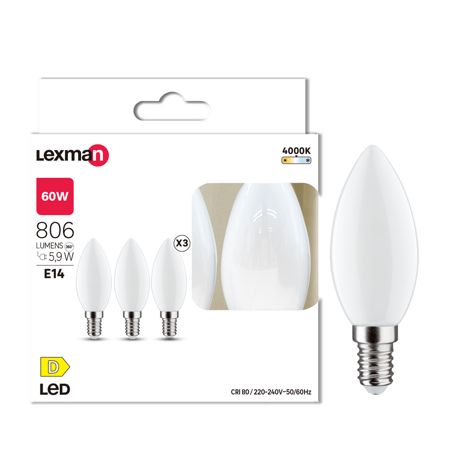 3 E14 LED bulbs = 60W, frosted candle, natural light