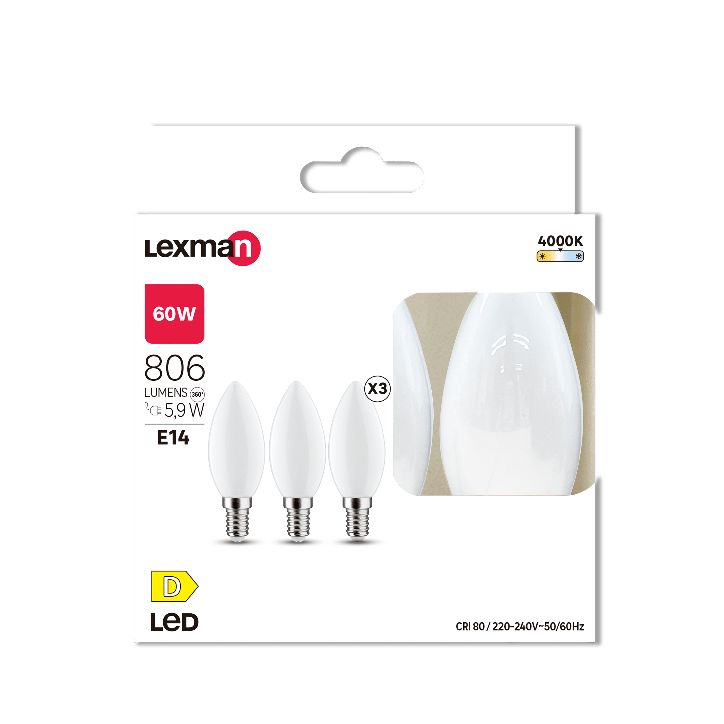 3 E14 LED bulbs = 60W, frosted candle, natural light