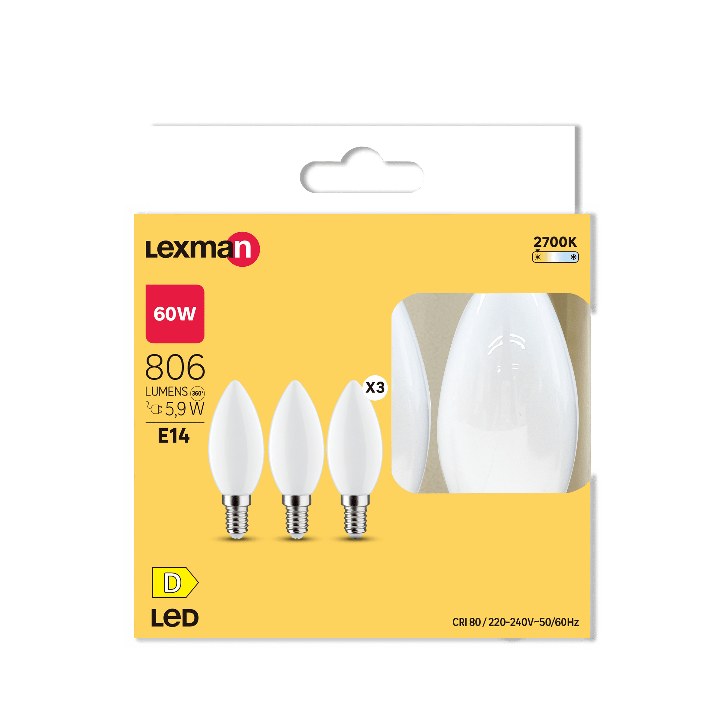 3 E14 LED bulbs = 60W, frosted candle-shaped, warm light
