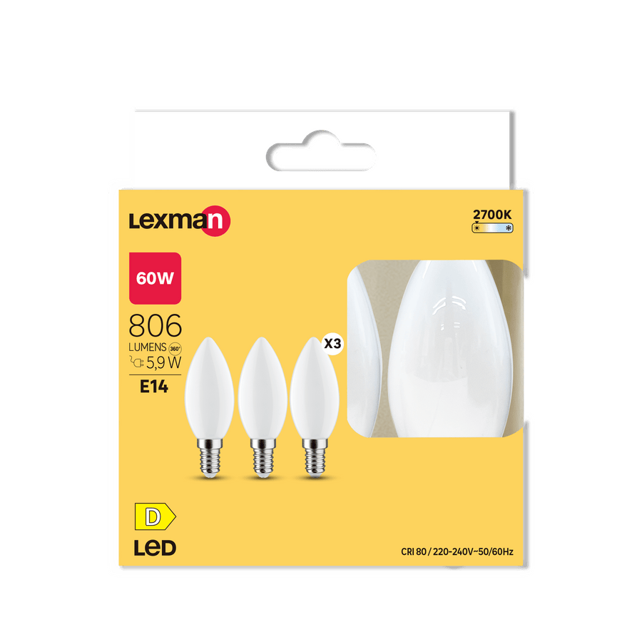 3 E14 LED bulbs = 60W, frosted candle-shaped, warm light