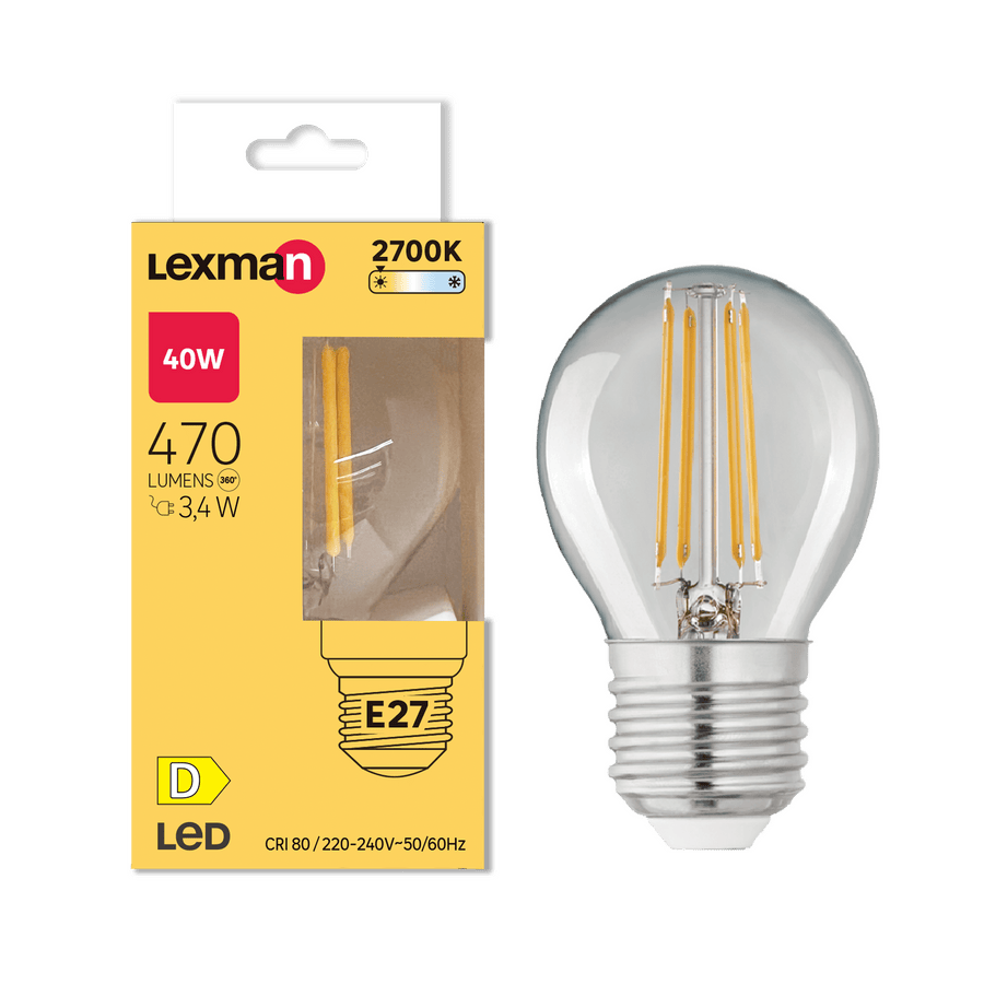 Lampadina led e27 =40w sfera trasparente luce calda