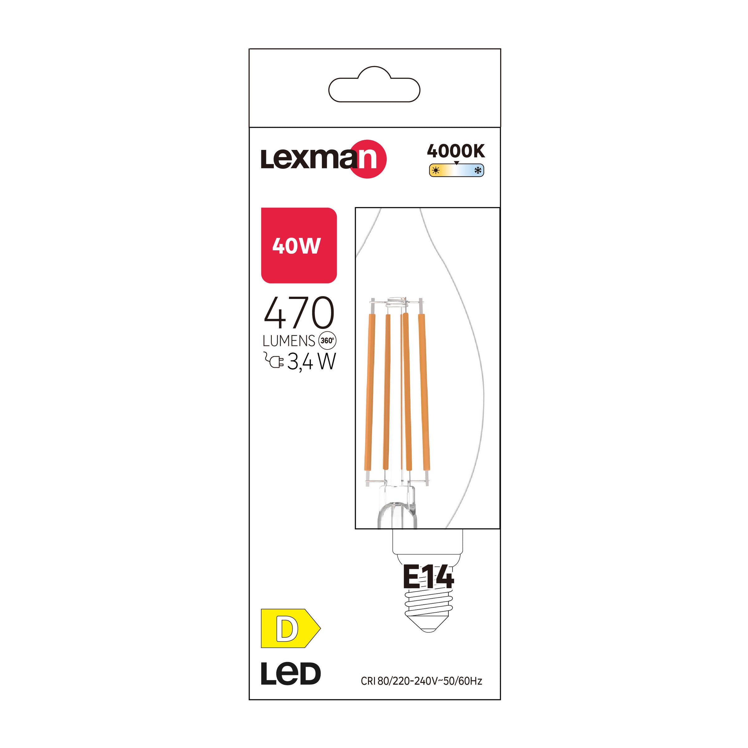 LED bulb e14 =40w flame transparent natural light