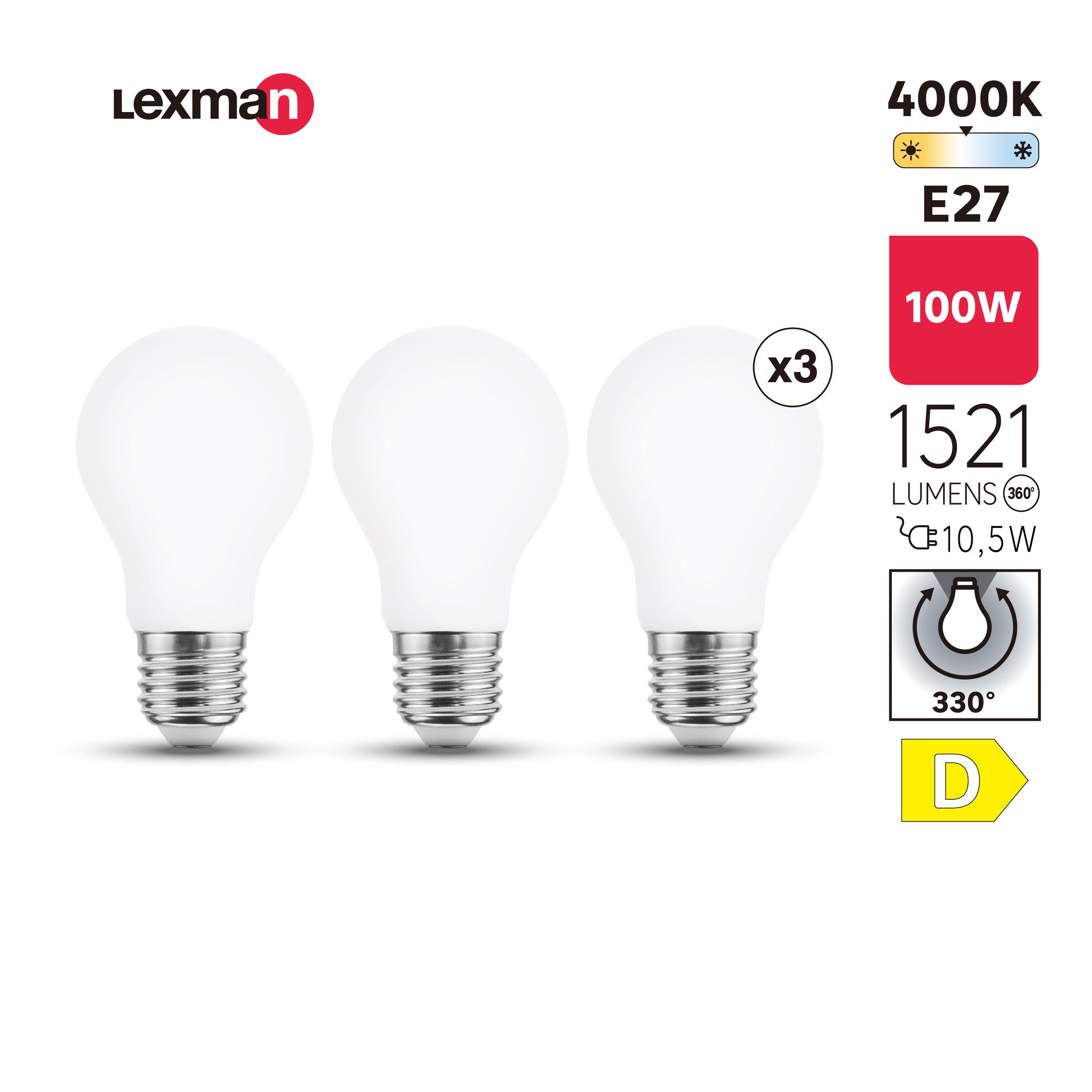 3 E27 LED bulbs (equivalent to 100W), frosted teardrop shape, natural light