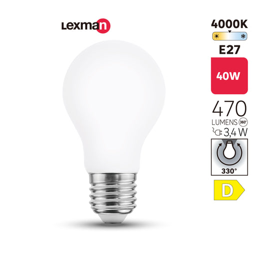 E27 LED bulb (equivalent to 40W), frosted teardrop shape, natural light