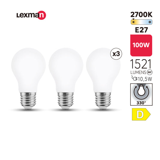 3 E27 LED bulbs (equivalent to 100W), frosted teardrop shape, warm white
