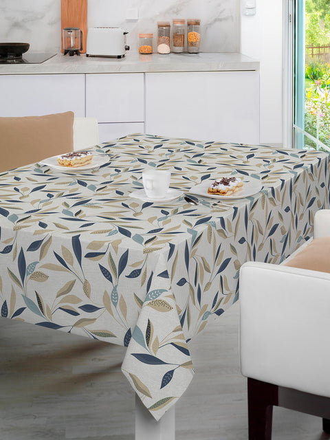 *Blue and beige leaf-patterned oilcloth tablecloth, 140 cm, with a non-woven backing