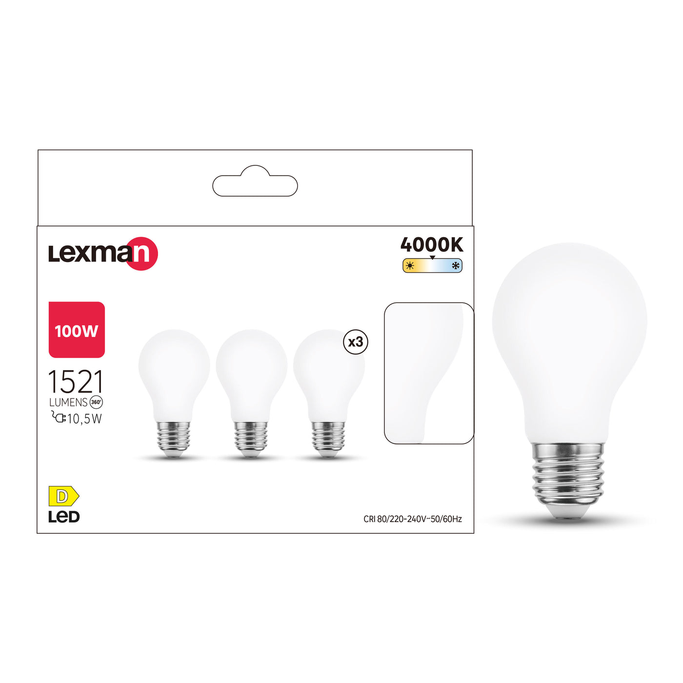 3 E27 LED bulbs (equivalent to 100W), frosted teardrop shape, natural light