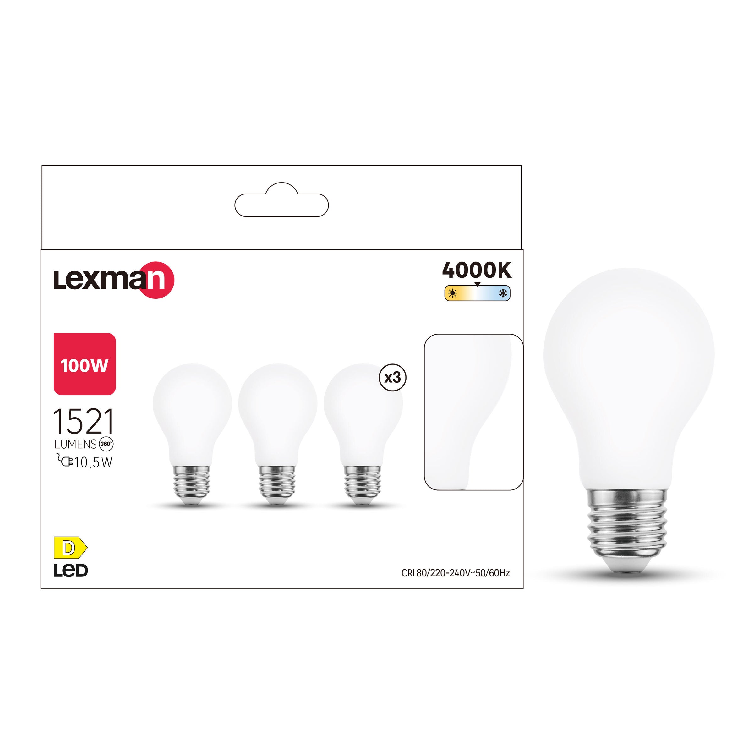 3 E27 LED bulbs (equivalent to 100W), frosted teardrop shape, natural light