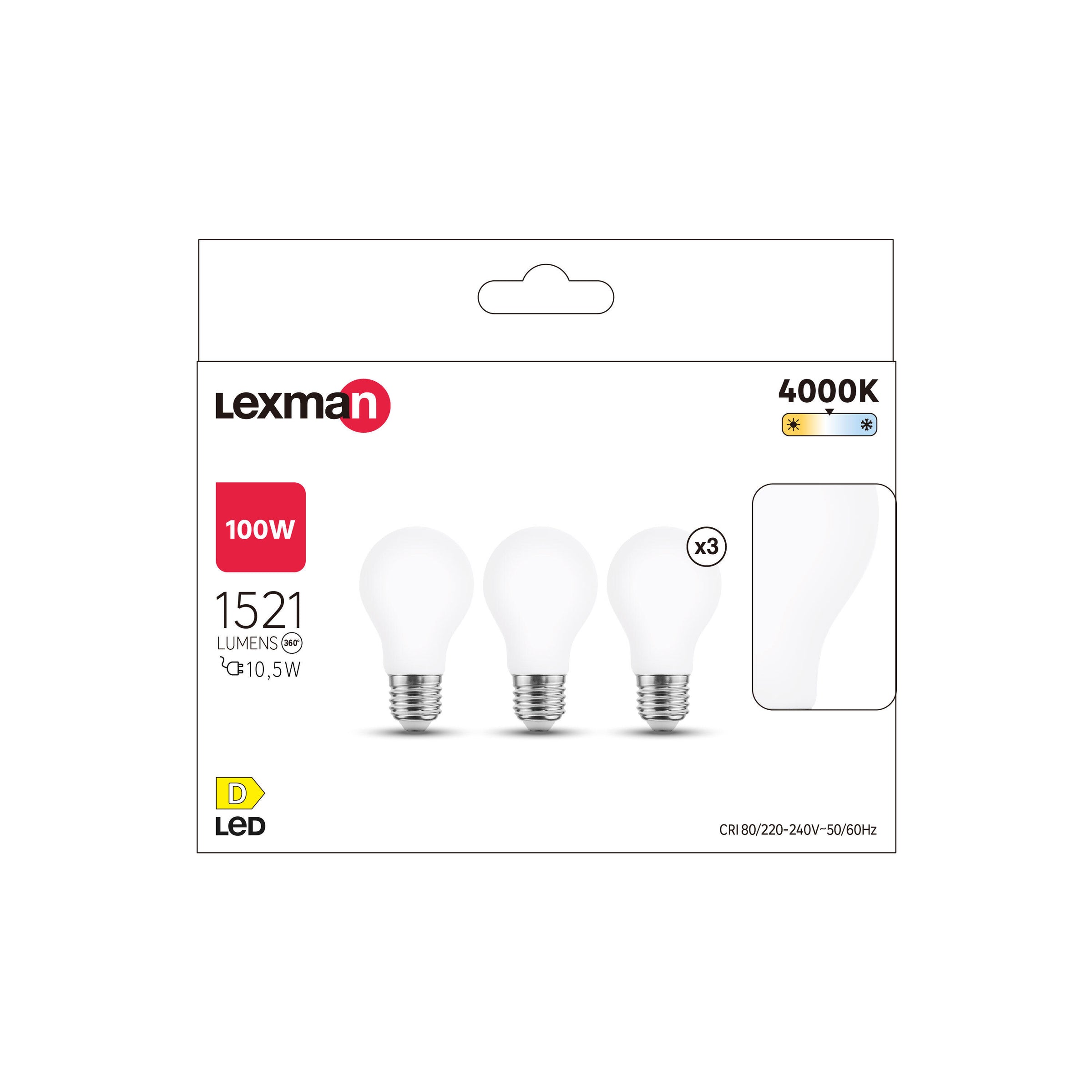 3 E27 LED bulbs (equivalent to 100W), frosted teardrop shape, natural light