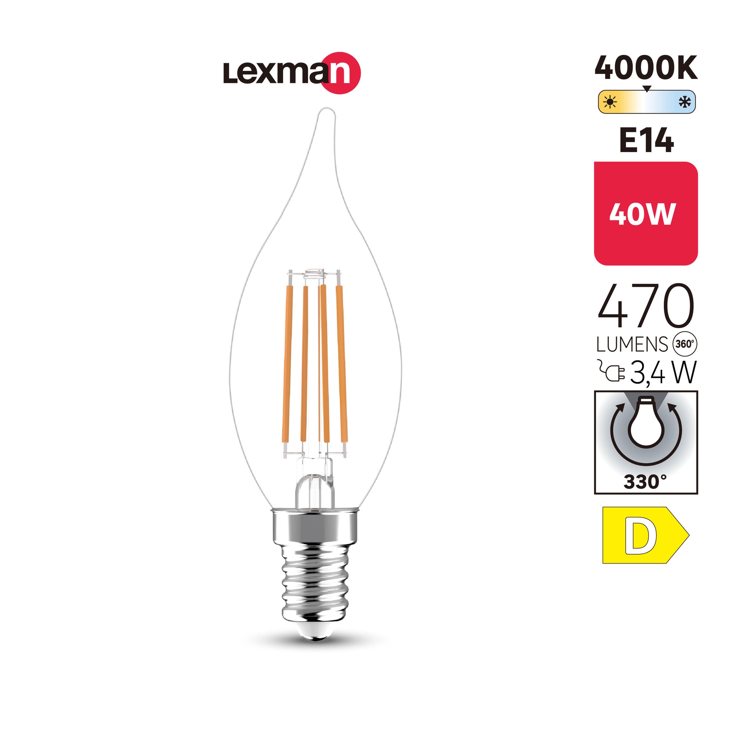 LED bulb e14 =40w flame transparent natural light