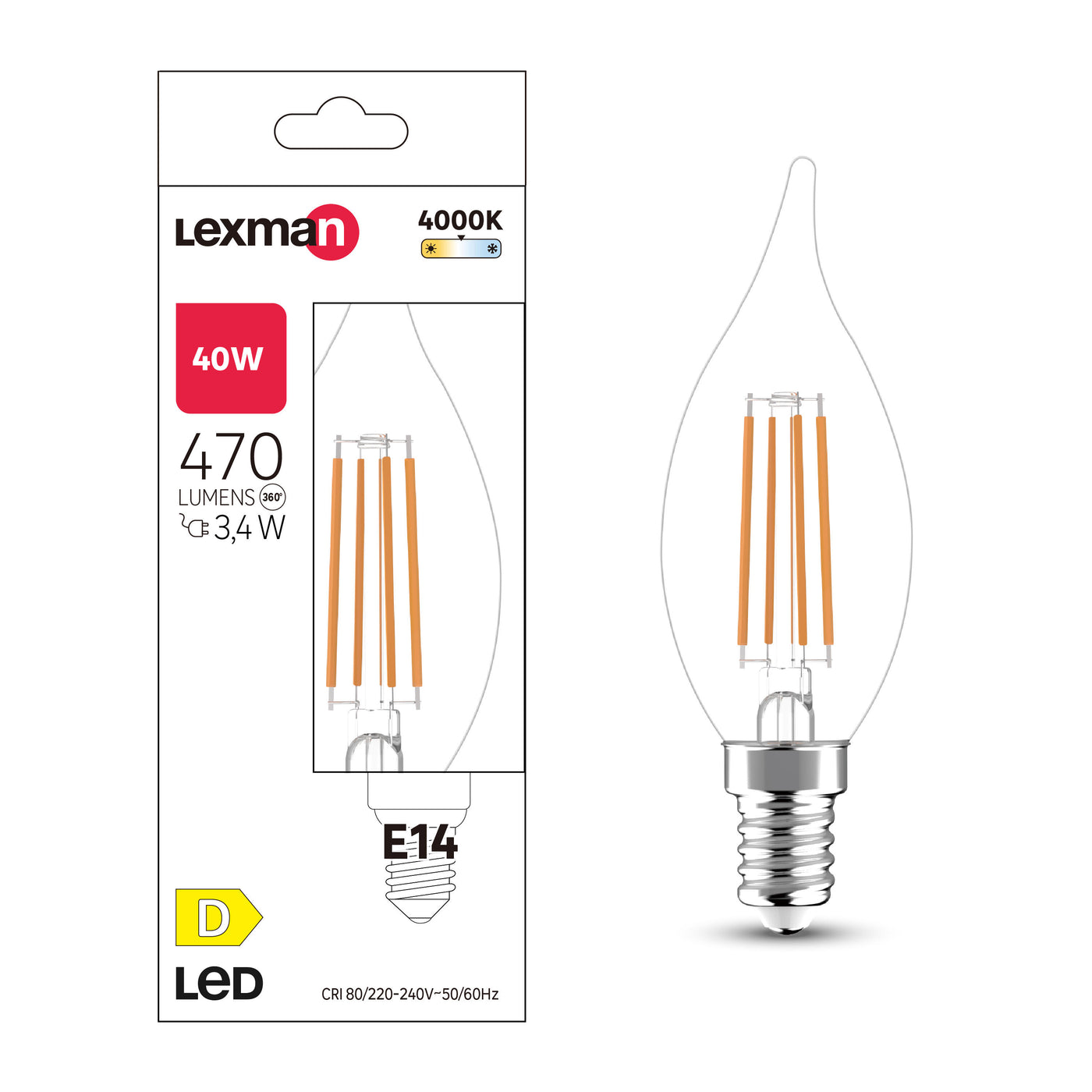 LED bulb e14 =40w flame transparent natural light