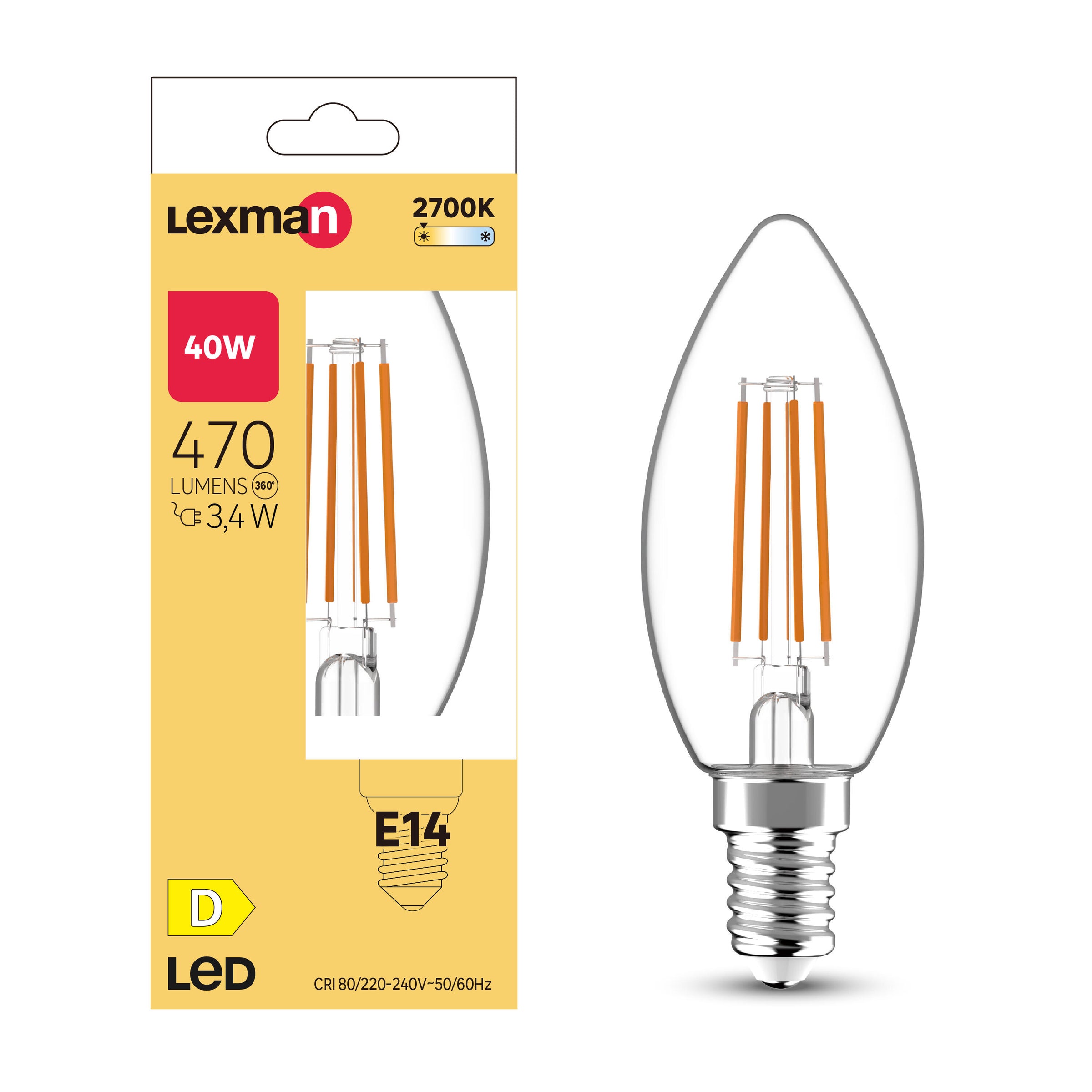 Lampadina led e14=40w candela trasparente luce calda