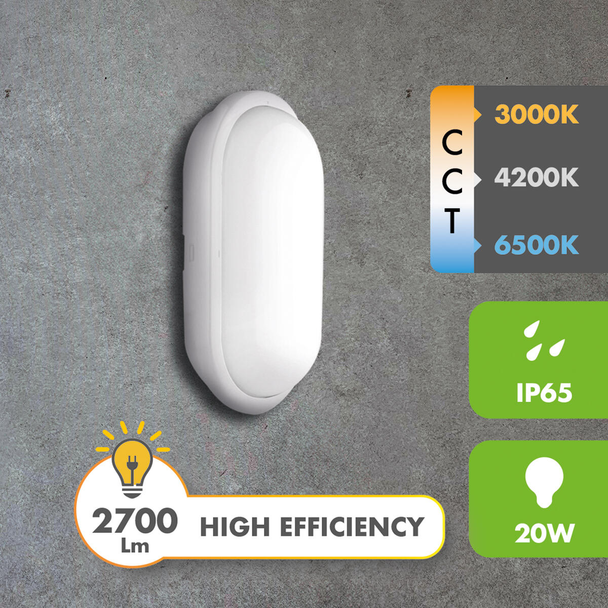 Outdoor ceiling light, 27 cm, white, LED, 20 W, 2700 lumens, 3CCT