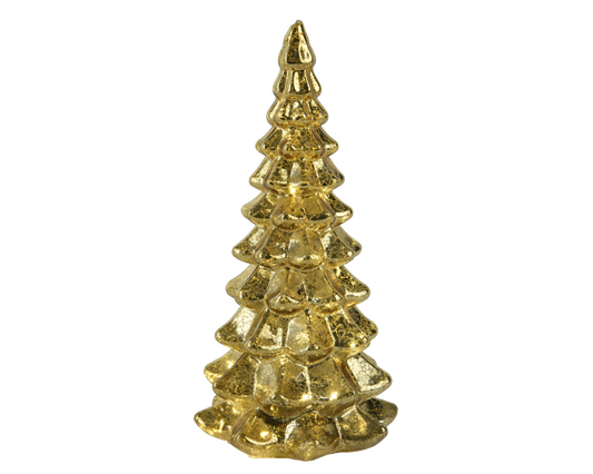 Glass tree, 10cm in diameter by 21cm high, with warm white micro LEDs and a gold finish