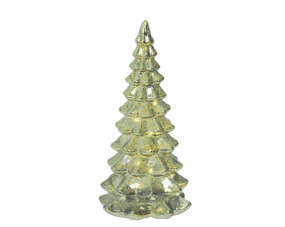 Glass tree, 10cm in diameter by 21cm high, with warm white micro LEDs and a green finish