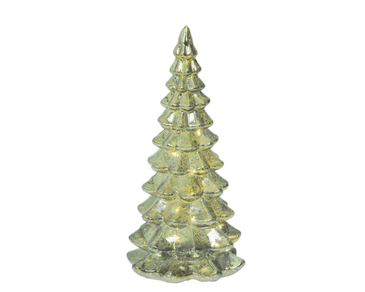 Glass tree, 10cm in diameter by 21cm high, with warm white micro LEDs and a green finish