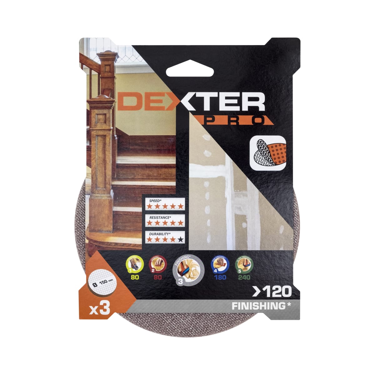 SANDING NET FOR DEXTER PRO RANDOM ORBITAL SANDER, FOR WOOD 150 MM, GRIT 120 3 PIECES