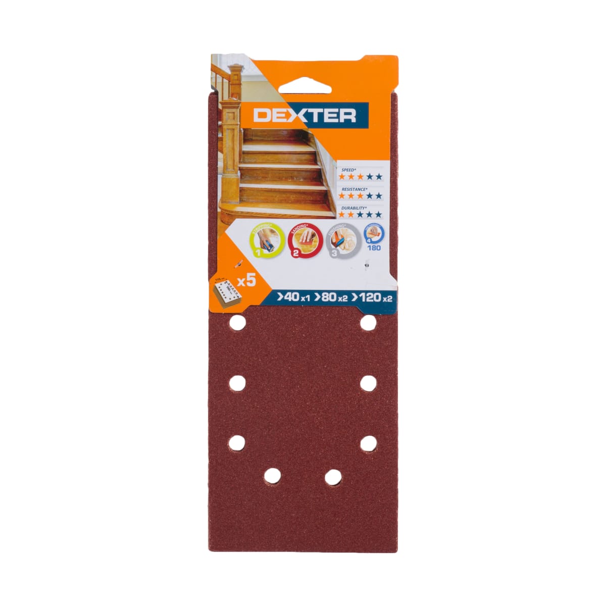 ABRASIVE FOR DEXTER ORBITAL WOOD SANDER 115X280 MM PERFORATED, GRIT 40,80,120,5 PE