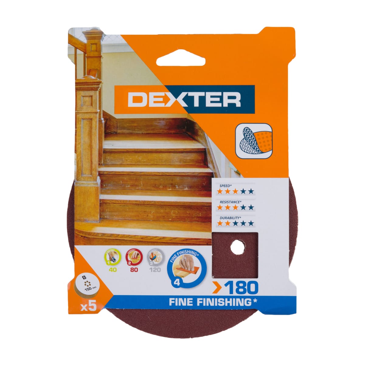 DEXTER RANDOM ORBITAL SANDER ABRASIVE, FOR WOOD 150 MM, DRILLED, GRIT 180, 5 PIECES