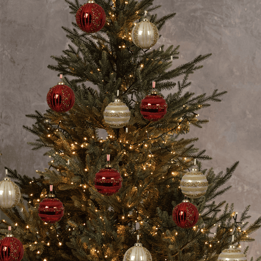 Set of 3 red and gold glass Christmas baubles, 8 cm in diameter, with a pearlescent finish