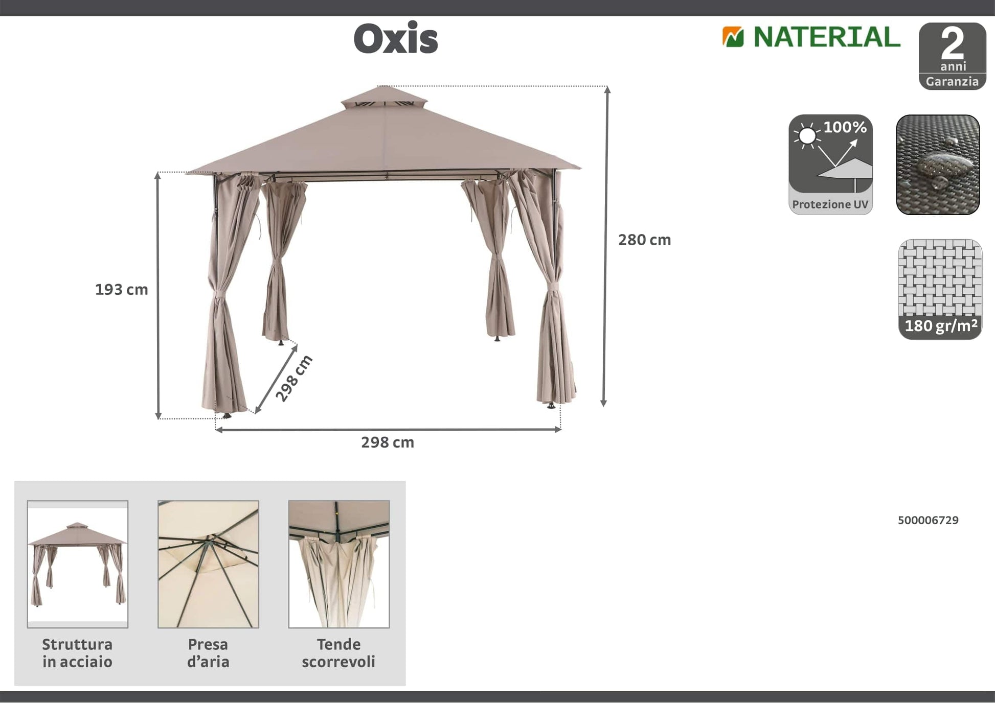 Bricocenter GAZEBO OXIS NATERIAL STEEL AND POLYESTER TARPAULIN DOVE GREY 3X3 M