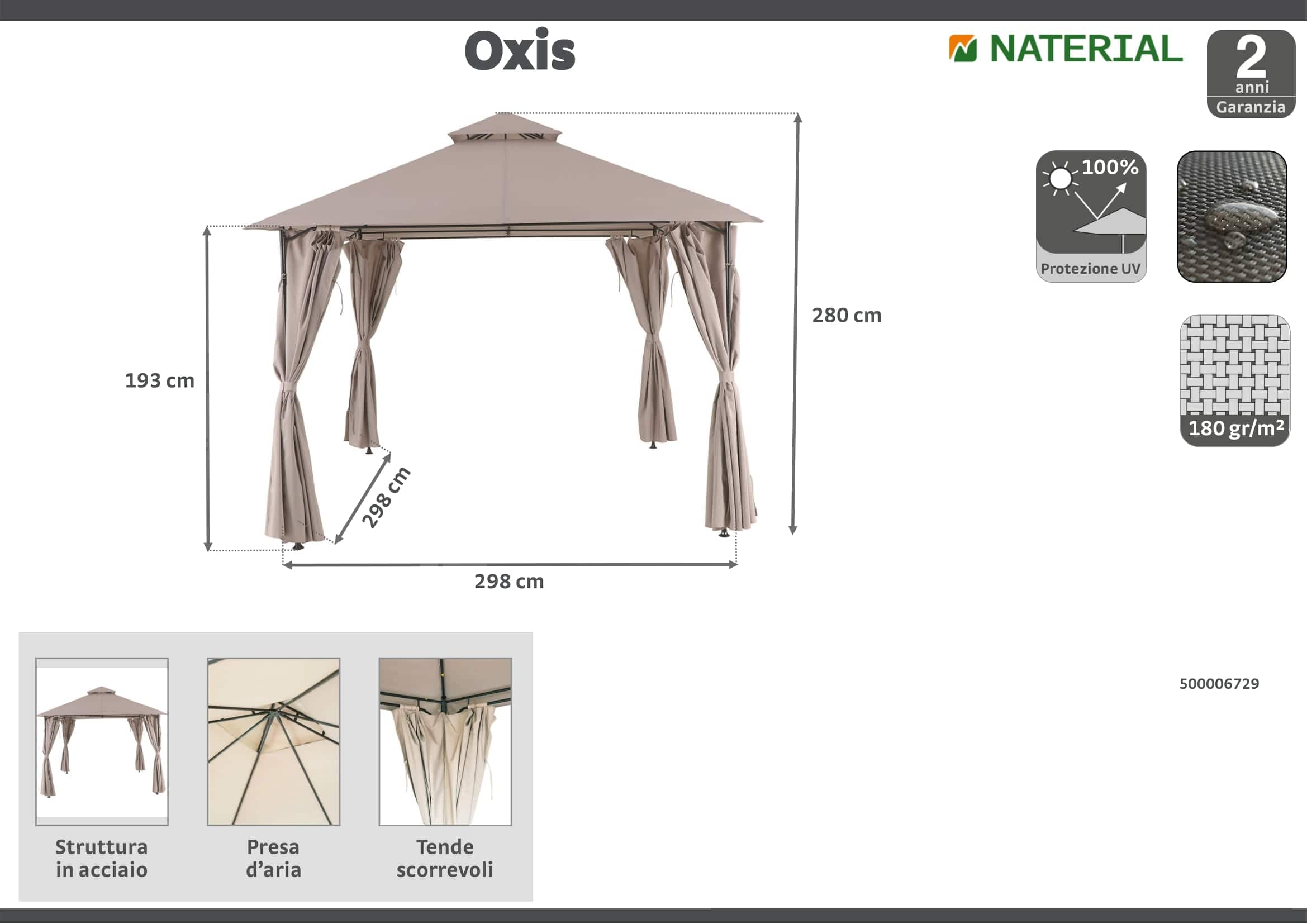 Bricocenter GAZEBO OXIS NATERIAL STEEL AND POLYESTER TARPAULIN DOVE GREY 3X3 M