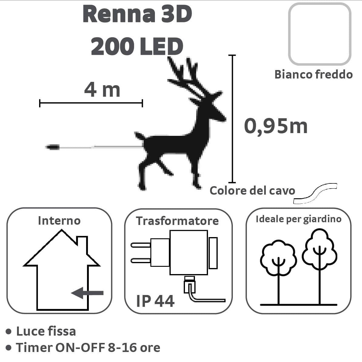 Bricocenter bright reindeer 200 led white light h95 cm for outdoor ip44