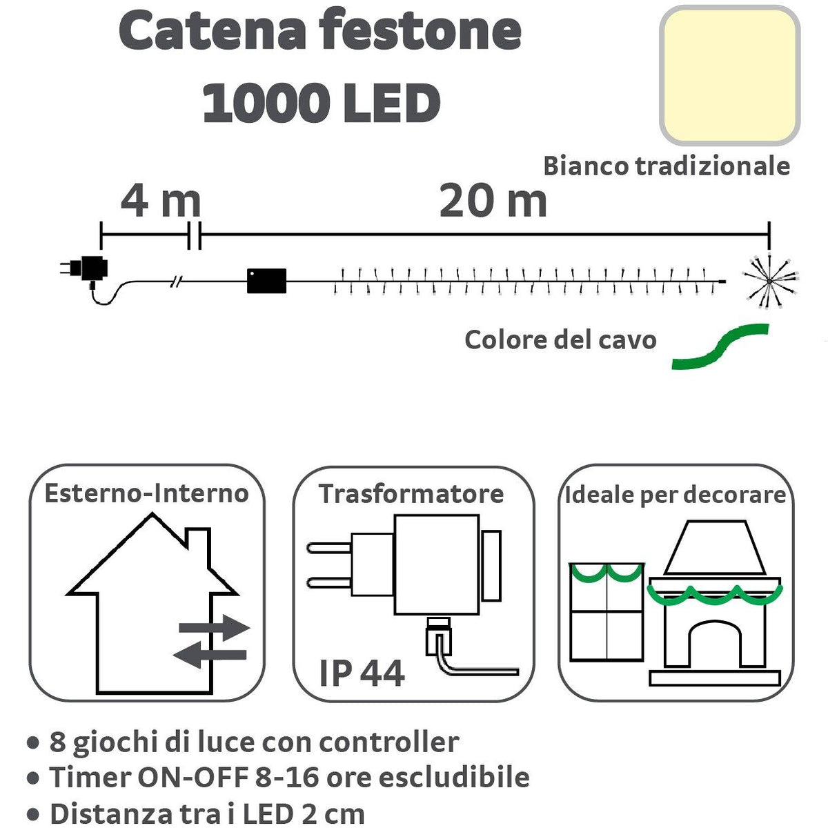 Catena luminosa mini cluster 1000 led traditional 4+20,5 mt