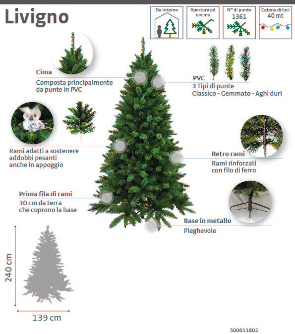 LIVIGNO CHRISTMAS TREE H 240 GREEN ARTIFICIAL METAL BASE 1361 BRANCHES