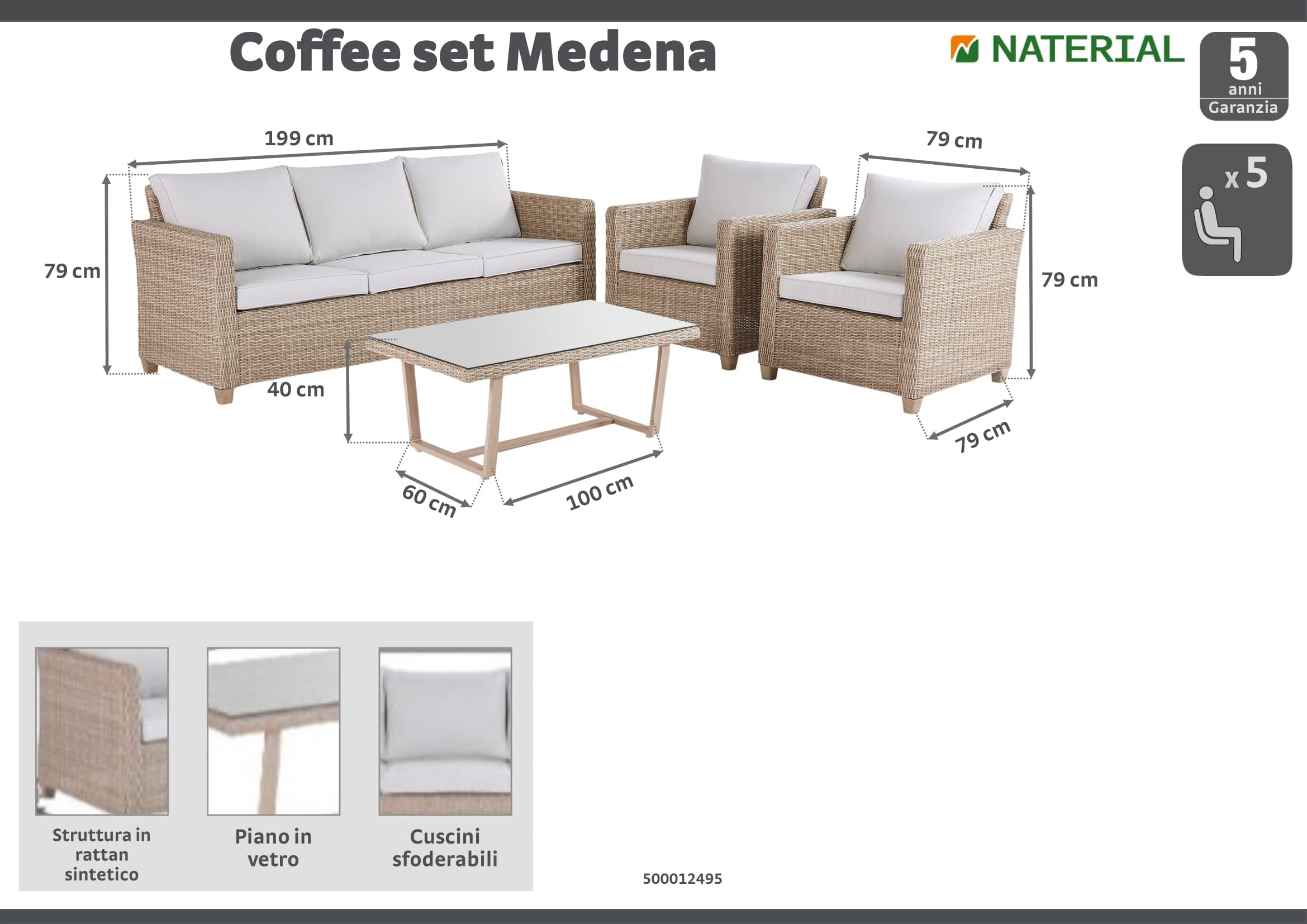Bricocenter SET MEDENA 5 POSTI NATERIAL CON TAVOLO 60X100 SOFA 3 POSTI E 2 POLTRONE MIDOLLINO SINTETIC