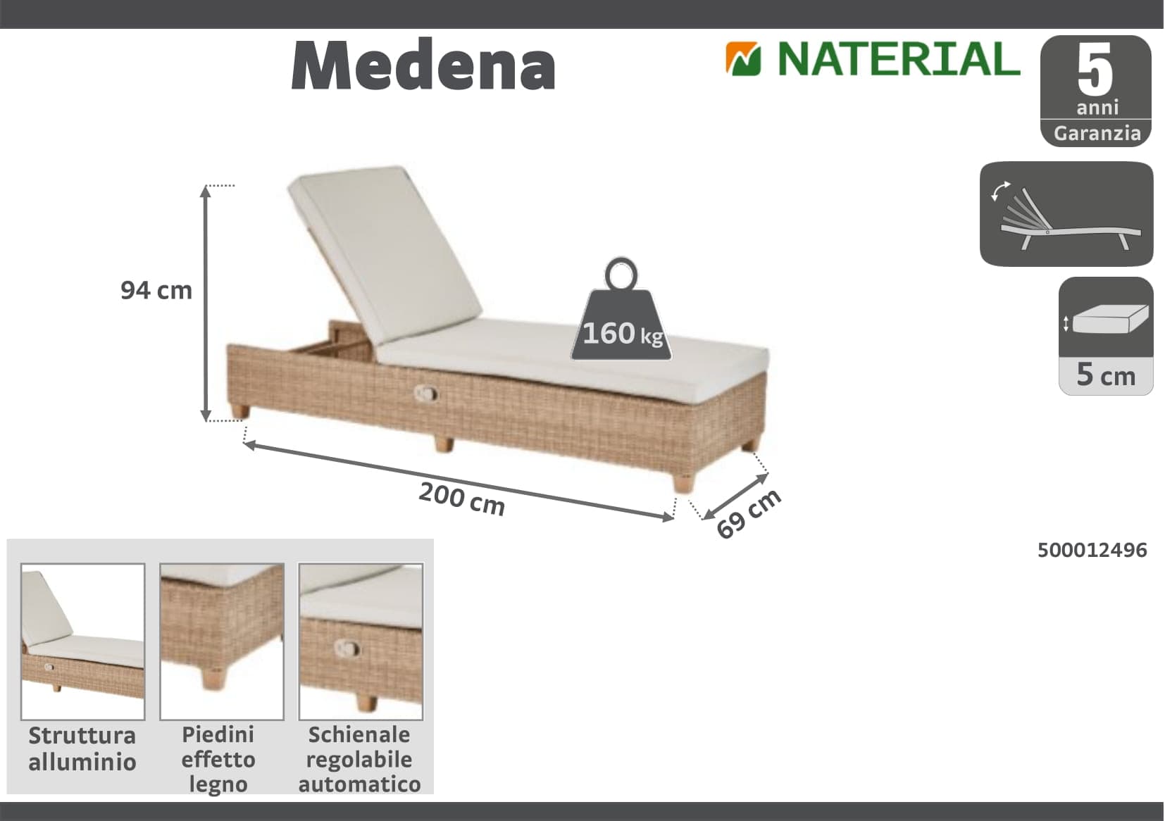 Bricocenter LETTINO MEDENA NATERIAL AUTOMATICO 199X70 MIDOLLINO SINTETICO ALLUMINIO
