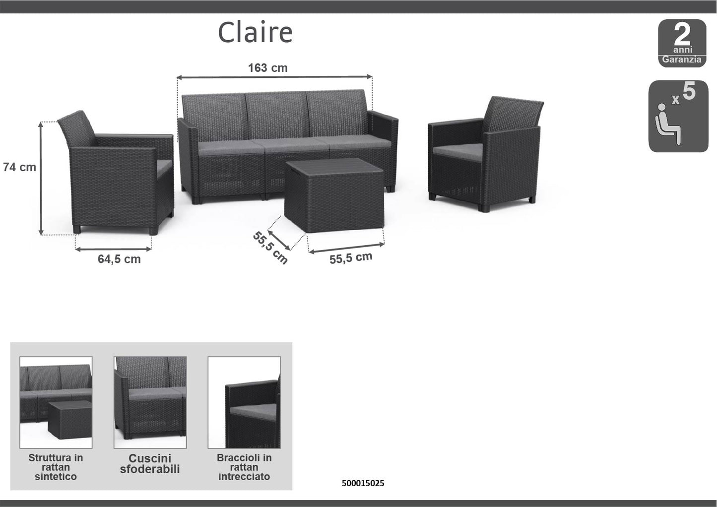 Bricocenter CLAIRE GRAPHITE COFFEE SET WITH CUSHIONS 2 ARMCHAIRS SOFA AND STORAGE TABLE