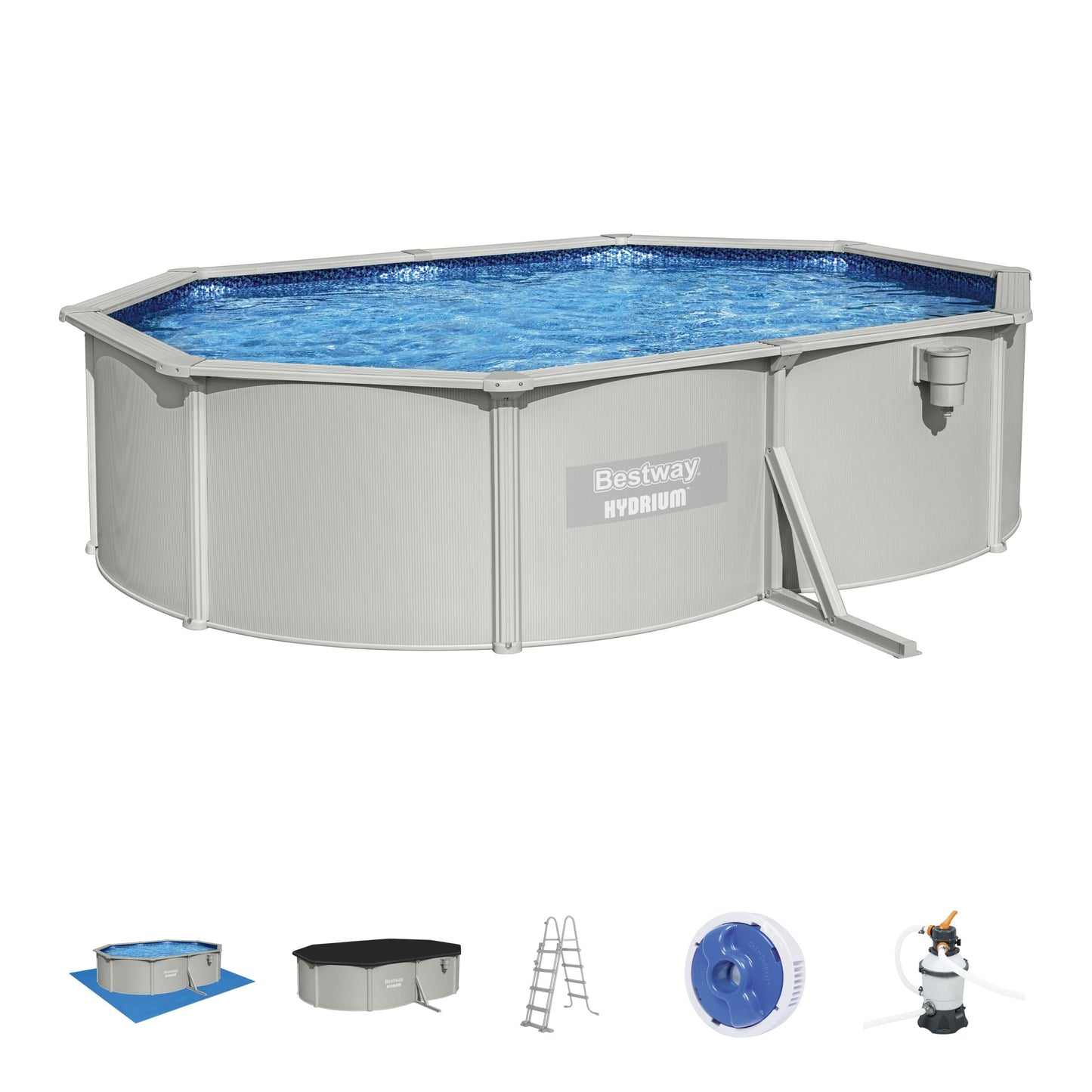 Bricocenter OVAL HYDRIUM POOL 5.00m X 3.60m X 1.20m With sand filter, cover and base mat