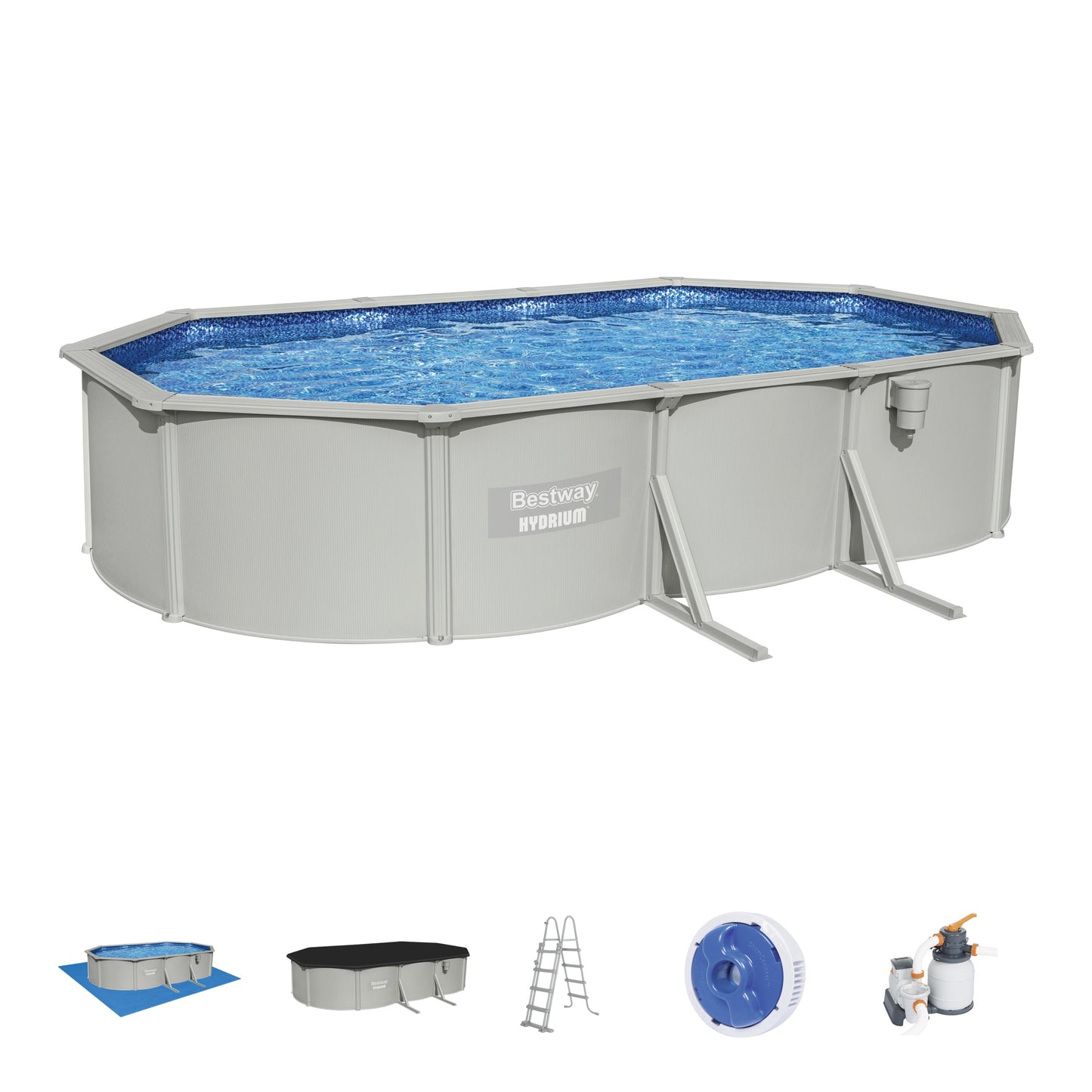 HYDRIUM OVAL POOL 6.10M X 3.60M X 1.20M WITH SAND FILTER COVER AND BASE MAT