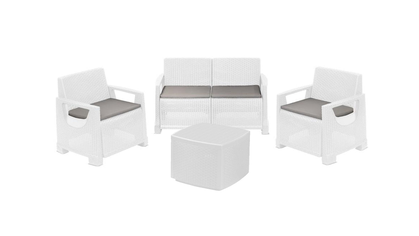 Bricocenter WHITE ARONA SET WITH CUSHIONS SOFA 2 ARMCHAIRS COFFEE TABLE CONTAINER