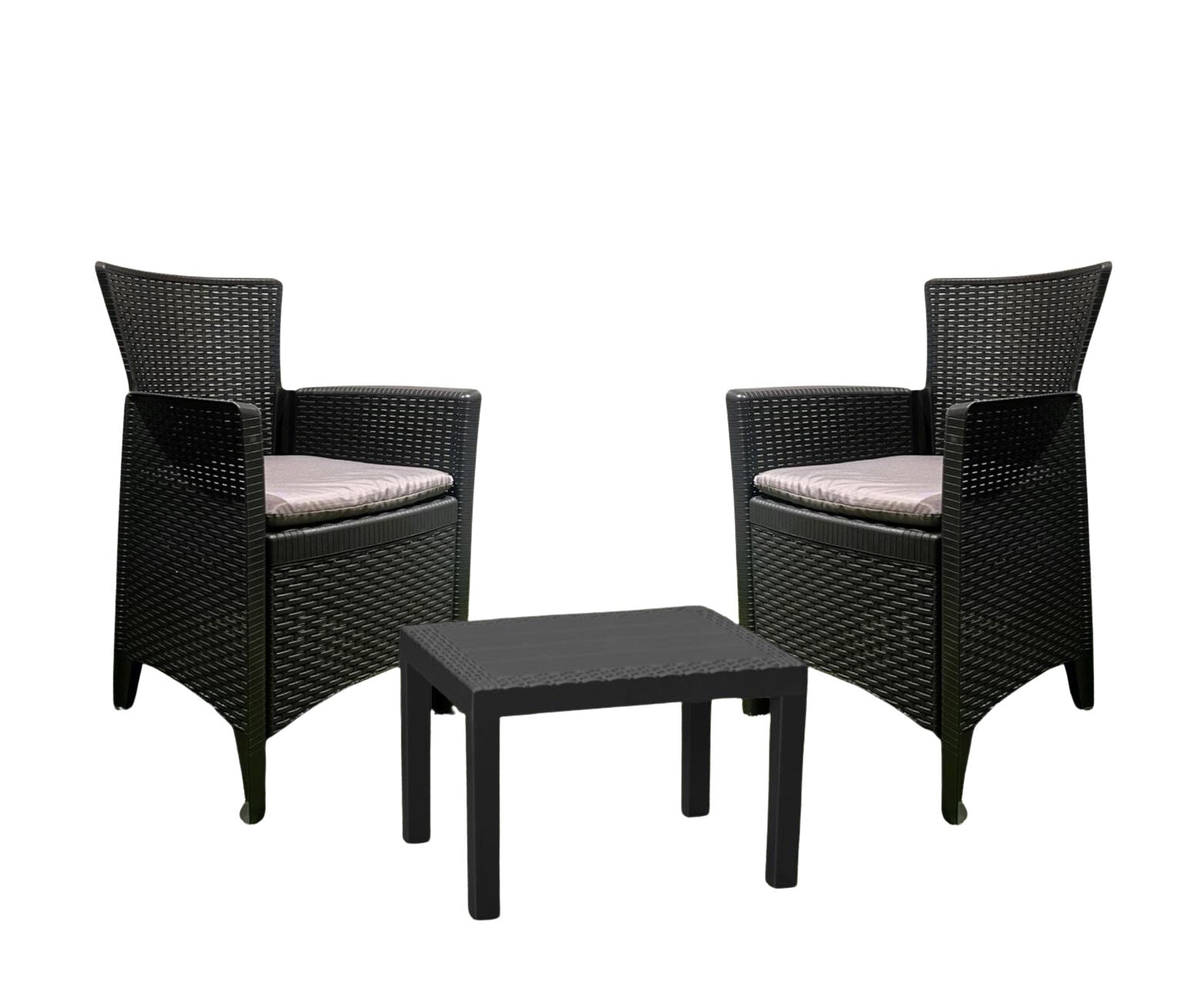 Forest coffee set, anthracite rattan-effect polypropylene, 2 armchairs and side table