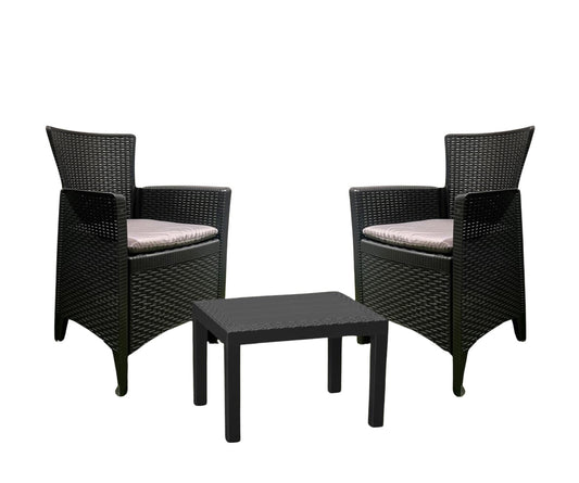 Forest coffee set, anthracite rattan-effect polypropylene, 2 armchairs and side table