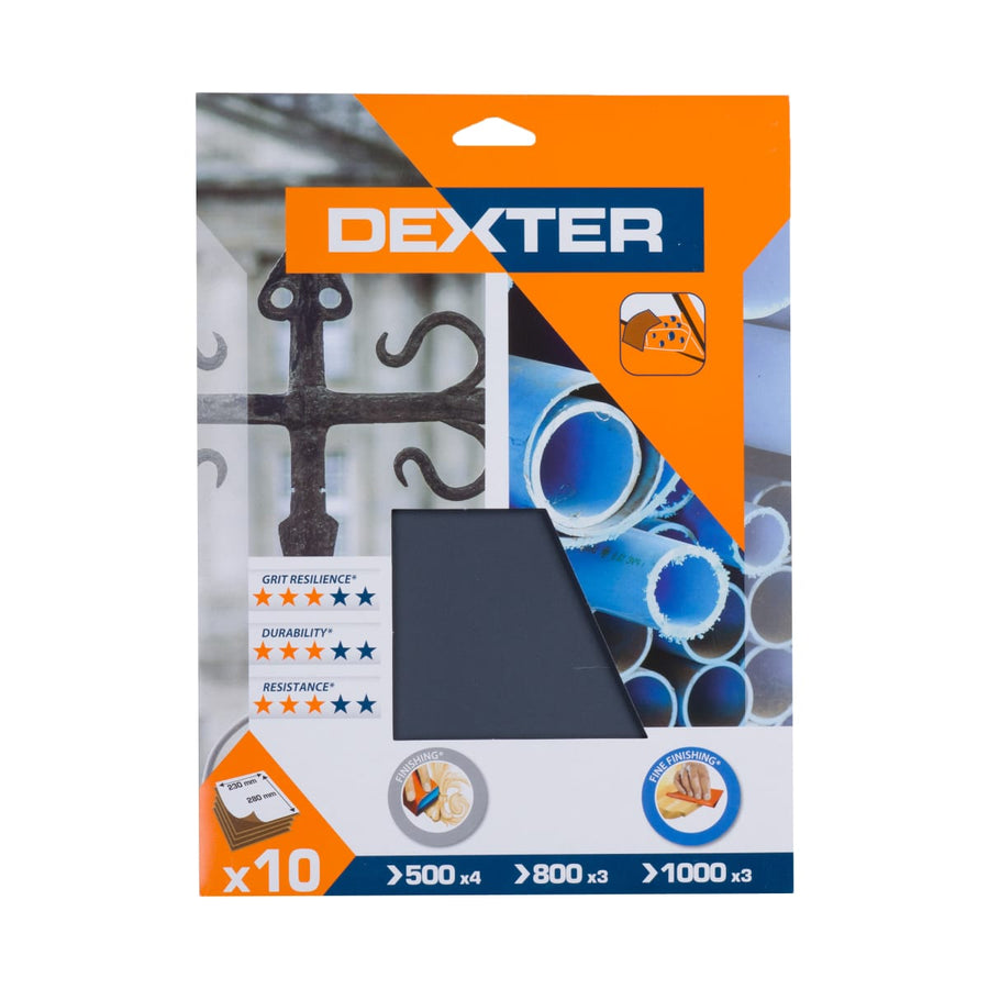 Fogli abrasivi dexter per metallo e plastica grana 500,800,1000, 230x280mm, 10 pezzi