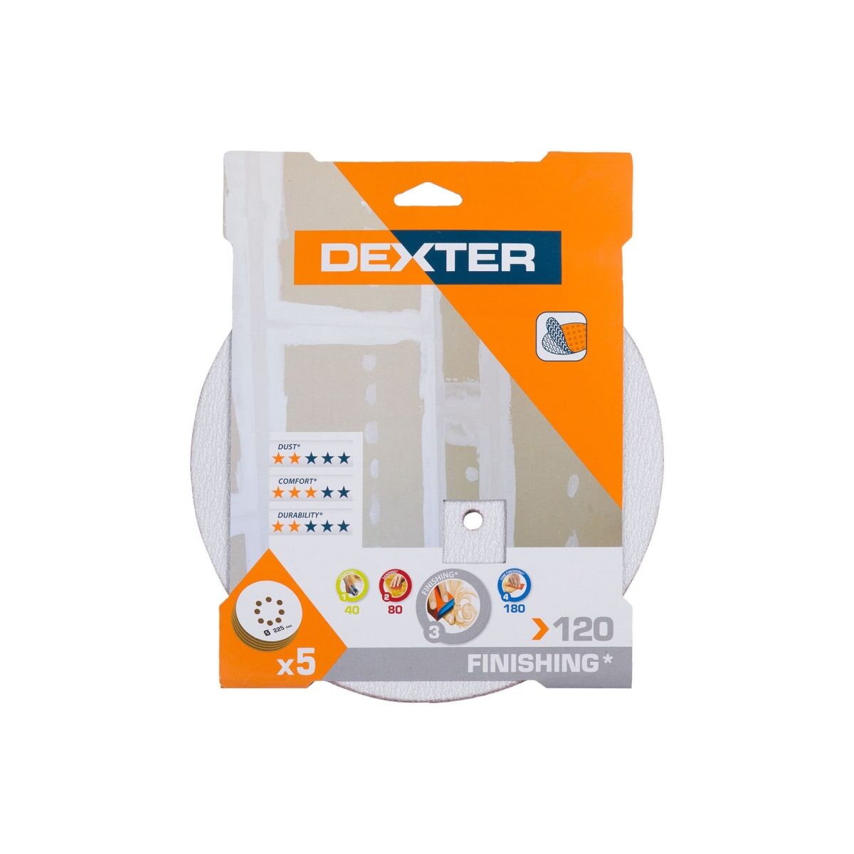 DEXTER RANDOM ORBITAL SANDER ABRASIVE FOR WALL 225MM, DRILLED, GRIT 120, 5 PIECES