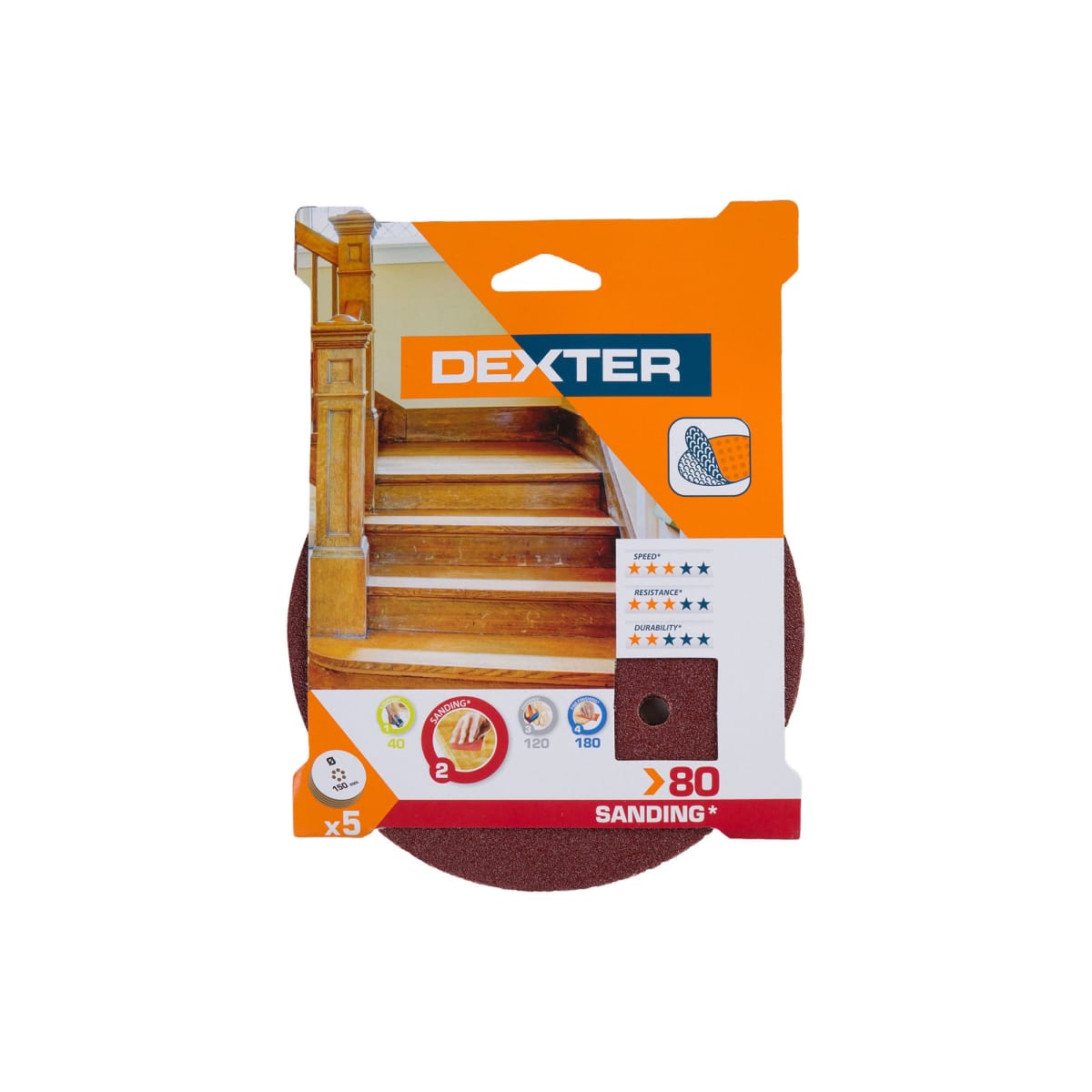 DEXTER RANDOM ORBITAL SANDER ABRASIVE, FOR WOOD 150 MM, DRILLED, GRIT 80, 5 PIECES